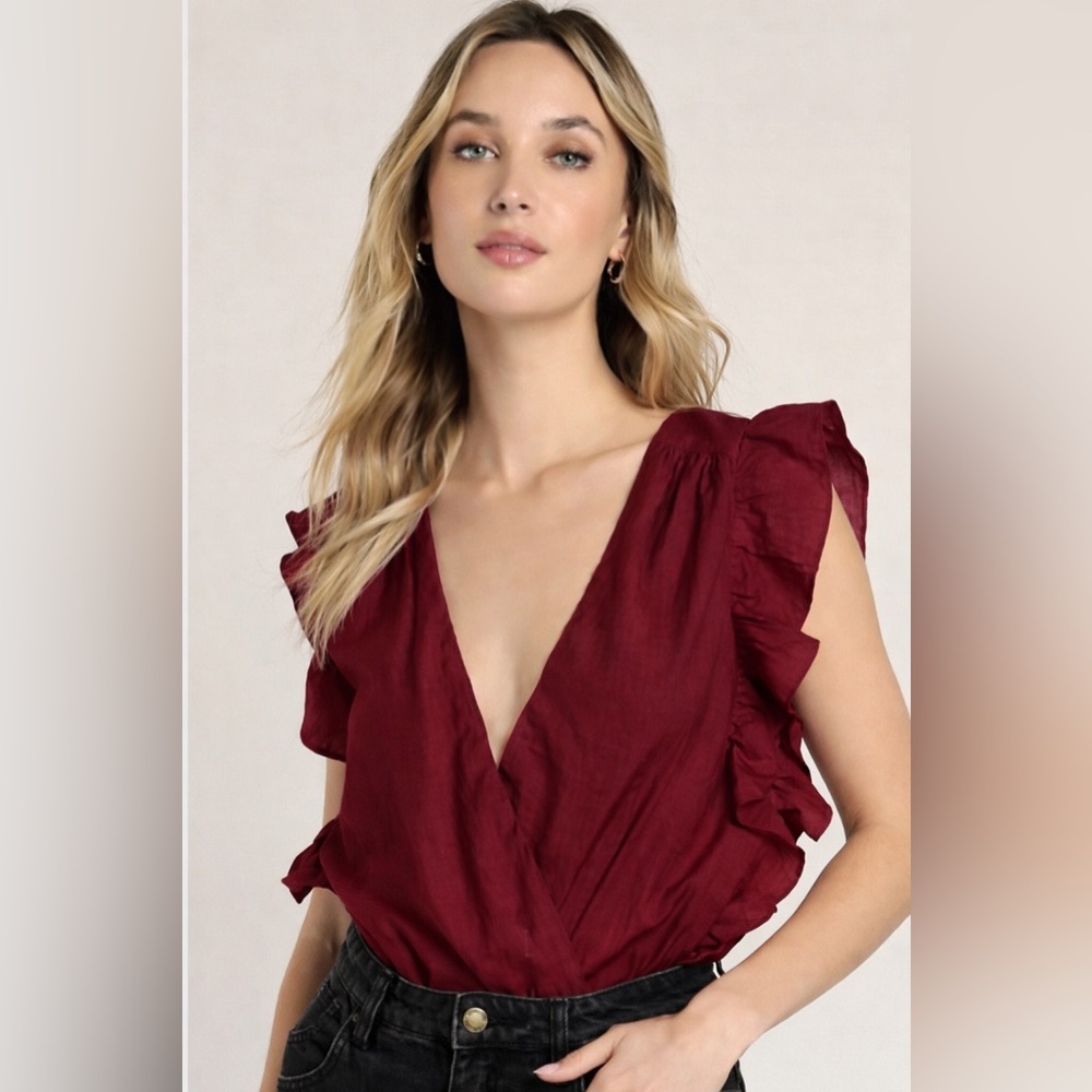 Lulus Smile Awhile Ruffled Surplice Bodysuit in Burgundy XS